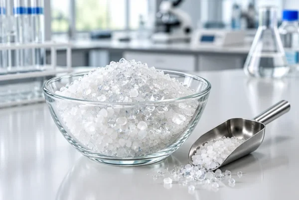 Crystalline chemical raw material in a glass bowl Crystalline chemical raw material in a glass bowl