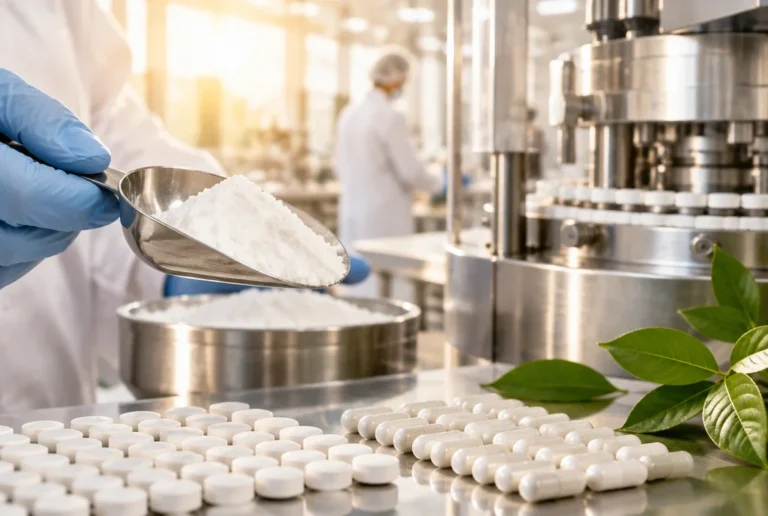 Vegan magnesium stearate powder next to a tablet press