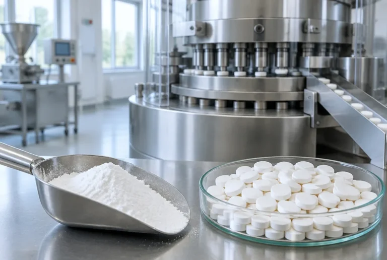 Magnesium stearate powder and vitamin tablets in front of a rotary tablet press