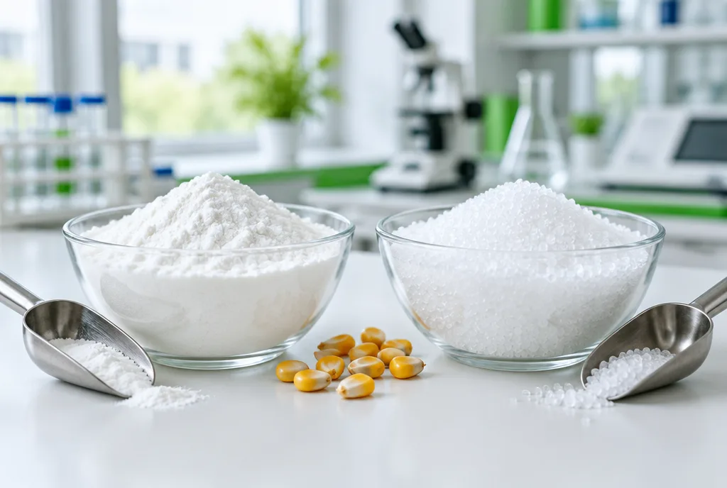 Maltodextrin powder and crystalline dextrose side by side in a food ingredient quality control lab