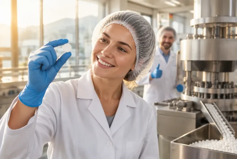 Pharmaceutical technologist holding a tablet made with microcrystalline cellulose MCC 101 / MCC 102 next to a rotary tablet press