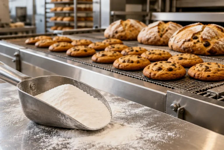Sodium bicarbonate powder in a steel scoop in front of freshly baked cookies in an industrial bakery