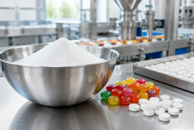 Sorbitol powder E420 in a steel bowl with sugar-free candies and chewable tablets in a production setting
