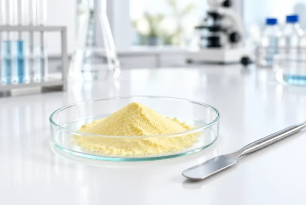 Vitamin A Acetate Powder Pale yellow vitamin A acetate powder in a glass petri dish with steel spatula