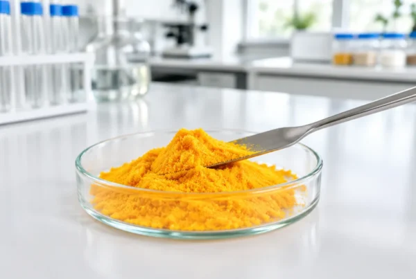Vitamin B2 Riboflavin Yellow-orange riboflavin (vitamin B2) powder in a glass dish