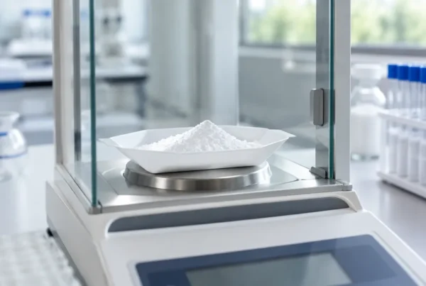 Vitamine B3 nicotinamide (niacinamide) Poudre blanche de nicotinamide (vitamine B3) sur une balance analytique