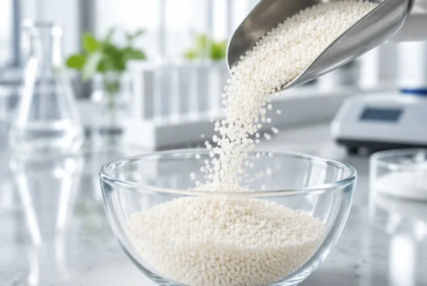 Vitamin B6 50% – Stabilized Beadlets Vitamin B6 50% stabilized beadlets poured from a steel scoop
