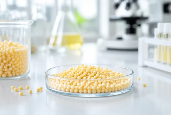 Vitamin B9 Folic Acid 0.52% – Stabilized Pellets Light yellow folic acid 0.52% stabilized pellets in a glass dish