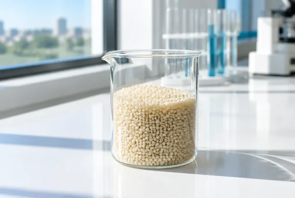 Vitamin D3 500,000 IU/g – Stabilized CWD Beadlets Cream-coloured vitamin D3 500,000 IU/g CWD beadlets in a beaker