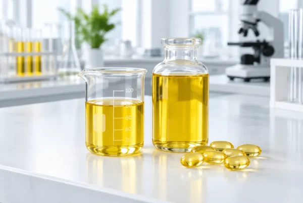 Vitamin D3 Öl Goldenes Vitamin-D3-Öl in Becherglas und Flasche mit Softgel-Kapseln