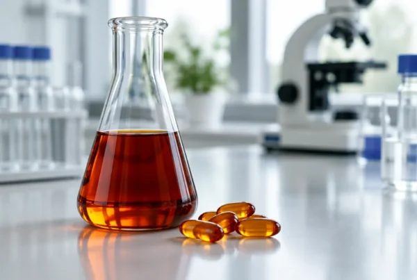Vitamin E Tocotrienole Rötlich-bernsteinfarbenes Vitamin-E-Tocotrienol-Öl in einem Kolben mit Softgels