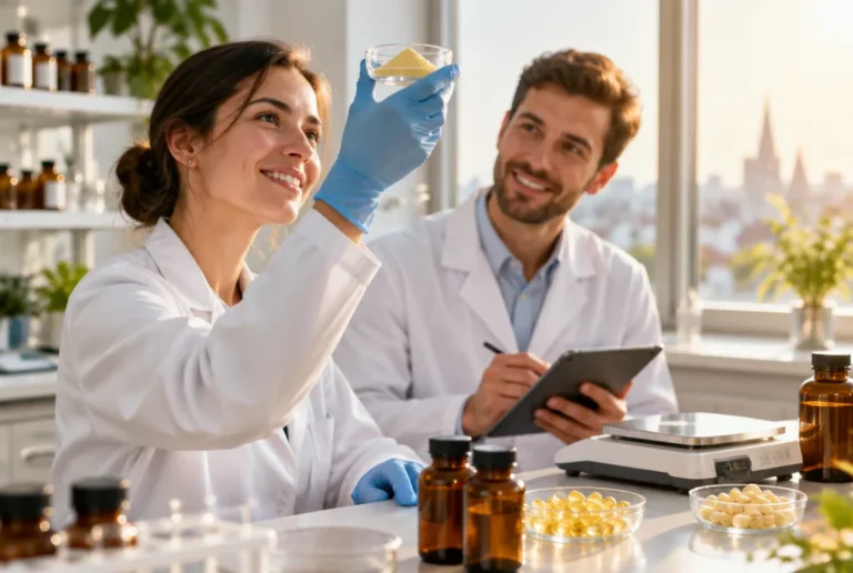 Formulation scientists checking vitamin K2 MK-7 powder for food supplement softgels and tablets in a laboratory