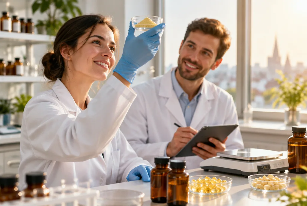 Formulation scientists checking vitamin K2 MK-7 powder for food supplement softgels and tablets in a laboratory